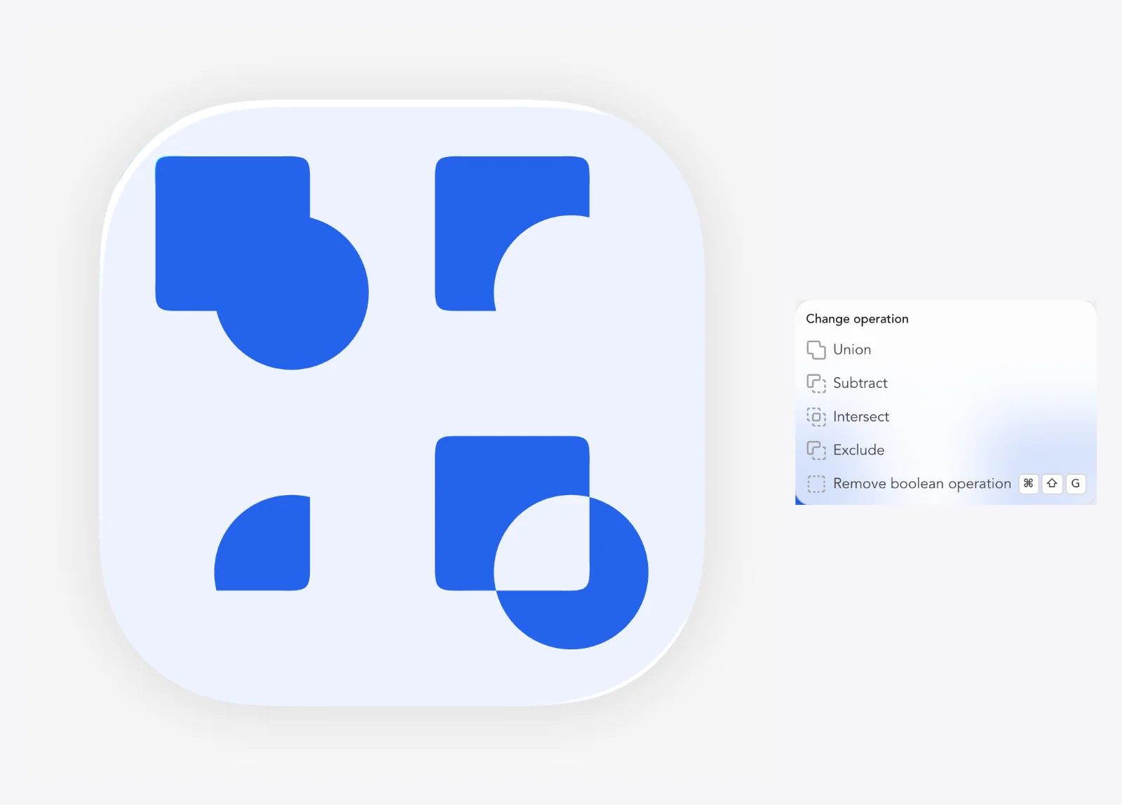 Four-up: two shapes under each boolean mode.
