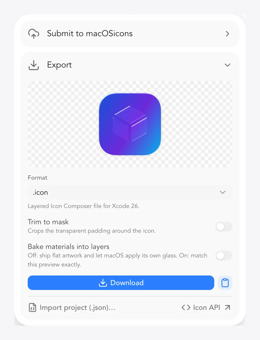 Icon Composer .icon bundles (open & export)